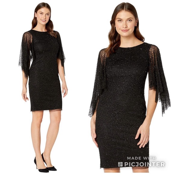Adrianna Papell Beaded Cocktail Dress Flutter Sleeves Black 6 - Picture 1 of 7
